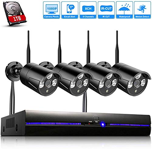 H.265 Kit Videosorveglianza Wifi 1080P con 1TB HDD, Telecamera Sorveglianza Wireless da Esterno, 4 x IP66 Impermeabile CCTV Camera, Visione Notturna, Sensore di Movimento Nero 4CH NVR Sistemi- REIGY