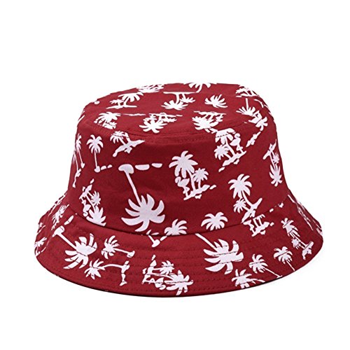 TININNA Estivo Unisex Coconut Tree Stampe Cotone Bucket Hat Cappello da Pescatore Berretti Visiera di Sole Spiaggia Cappello di Sun(Rosso)