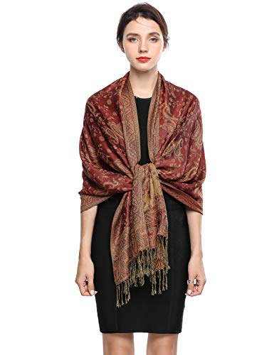 EASE LEAP Sciarpa Pashmina per donna scialle avvolgente caldo di lusso con sensazione di seta Hijab Paisley in colori con frange 200 * 70cm/(6-Rosso cammello)