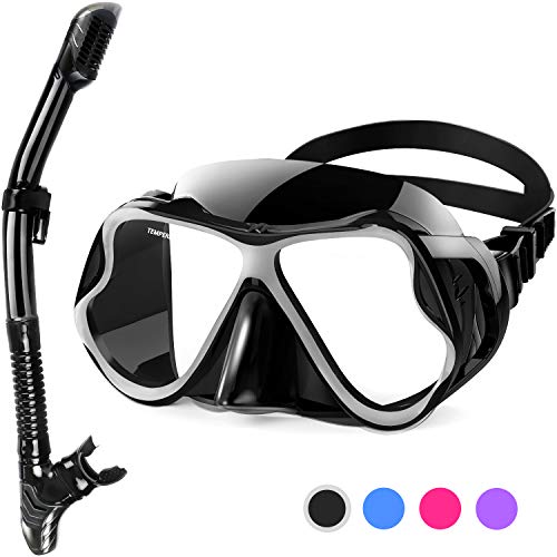 Fenvella Set Snorkeling, Anti-Fog Maschera Snorkeling con Panoramica a 180 Gradi e Boccaglio Snorkel, Kit Snorkeling Professionale per Adulti (Nero)