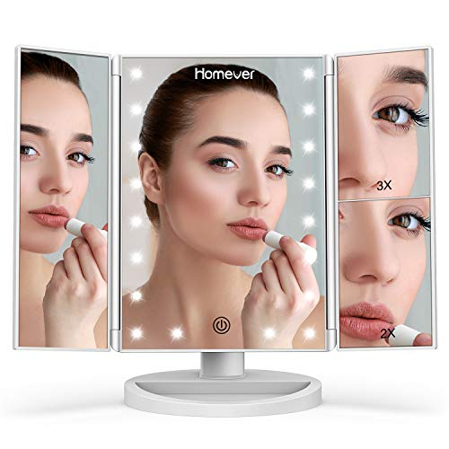 HOMEVER Specchio Trucco con 21 LEDs, Specchio di Vanity Trifold Ruota di 180° Ingrandimento 1x / 2X / 3X Specchio per Il con Touchscreen per Il Trucco e la Cura della Pelle (Bianca)