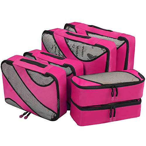 Eono by Amazon - Set di 6 Organizer per Valigie Organizzatori da Viaggio Sistema di Cubo di Viaggio Cubo Borse di Stoccaggio Luggage Packing Organizers Travel Packing Cubes, Fushcia