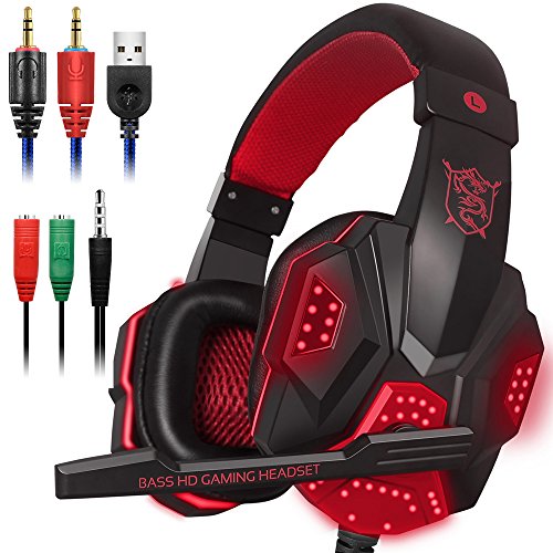 Gaming Headset con microfono e LED per computer portatile, cellulare, PS4 e nuova Xbox One, DLAND 3.5mm cablata a rumore isolamento Gaming Headphones - Controllo del volume (nero e rosso)