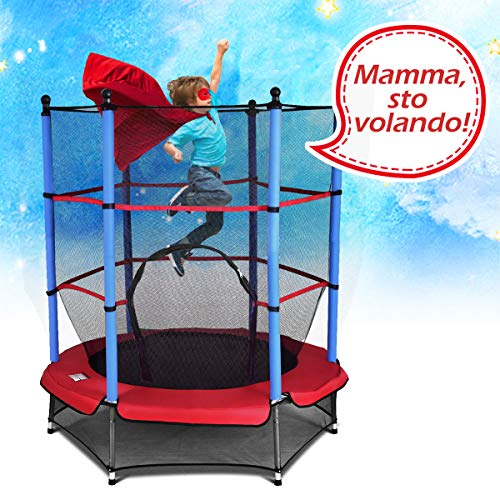 Goplus Trampolino Elastico da Giardino per Bambini, Rete di Sicurezza e Tappeto Elastico Inclusi, Pali della Rete Imbottiti e Rivestimento dei Bordi, Blu 140x140x162cm