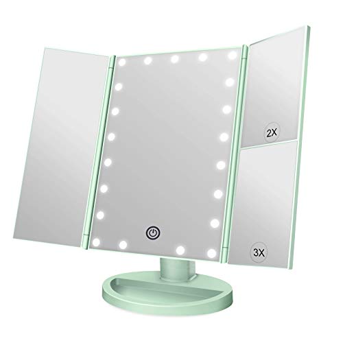WEILY Specchio Trucco con ingrandimento 2X/ 3X, 21 luci a LED, Doppia Alimentazione, luminosità e Angolo Regolabili (Verde)