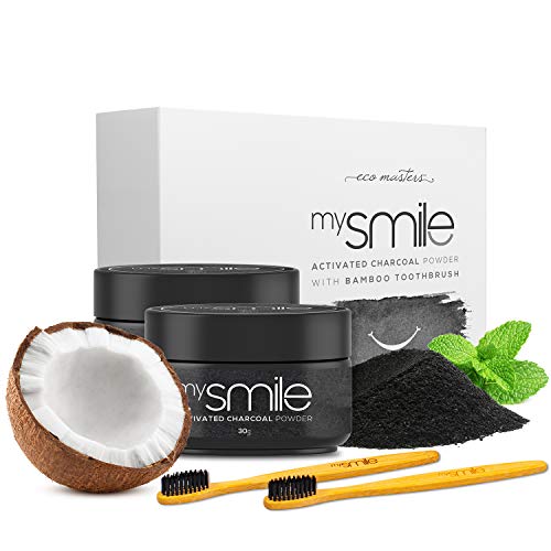 mysmile - Carbone Attivo Denti Sbiancante, in Polvere Con Cocco Puro Bicarbonato di Sodio e Olio di Menta in Polvere e 2 Spazzolini in Bamboo 100% Naturale per Sbiancamento Denti e Alito Fresco