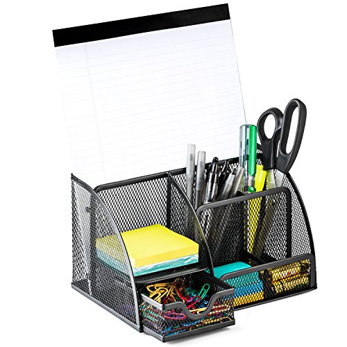 Halter - Organizer da scrivania a rete in acciaio, con 6 scomparti e 1 cassetto, colore: Nero