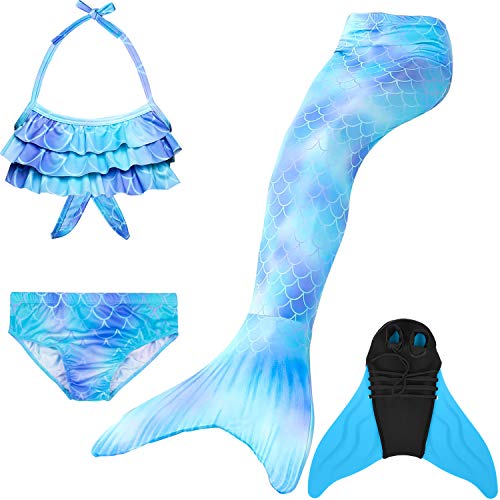 Wishliker - Set da 4 pezzi per costume da sirena, da bambina, con coda da sirena e bikini A6 blu + alanpu 130 cm
