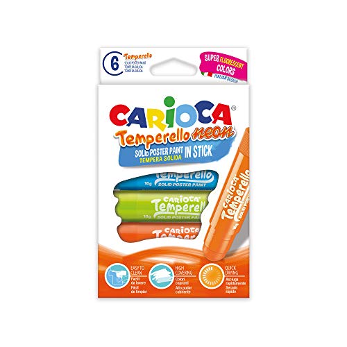 Carioca TEMPERELLO Neon | 42675 - Tempere Solide in Stick, Colori Assortiti Brillanti e Coprenti, 6 Pezzi