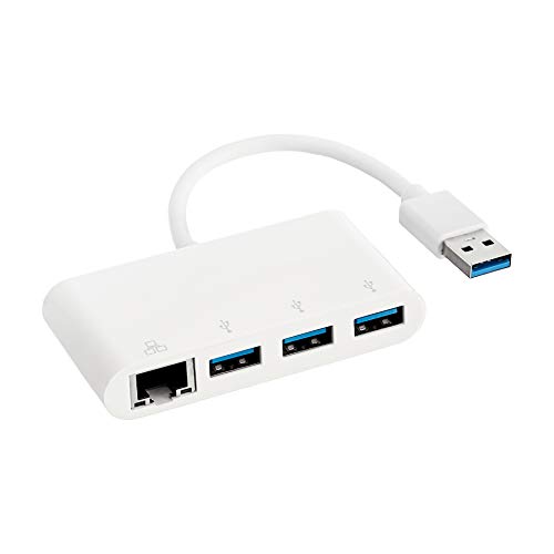 AmazonBasics - Adattatore a 3 porte USB 3.0 con porta gigabit ethernet RJ45, bianco