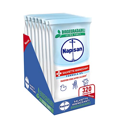 Napisan, 320 Salviette Igienizzanti, Multisuperfici e Biodegradabili, 8 Confezioni da 40 Pezzi, Formula 0%