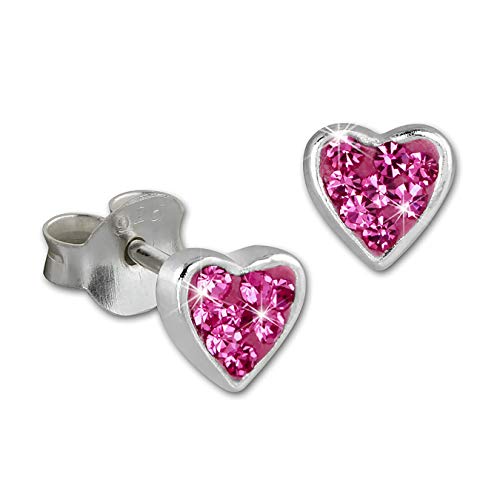 SilberDream SDO009A - Orecchini per bambini con zirconi rosa, forma a cuore, in argento Sterling 925