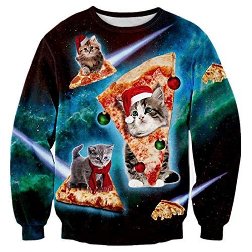TUONROAD Unisex Christmas Sweatshirt Pizza Gatto 3D Stampato Ugly Xmas Pullover Uomo Donna Crewneck Funny Sweater Maglione di Natale - S