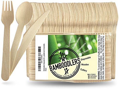 BAMBOODLERS Set di Posate in Legno Usa e Getta | 100% Naturale, Ecologico, Biodegradabile e Compostabile - Perché la Terra è fantastica! Confezione da 200 (100 forchette, 50 cucchiai, 50 coltelli)