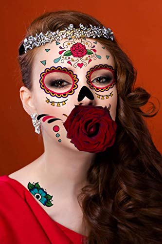 Tatuaggio viso temporaneo, 8 kit di tatuaggi adesivi teschio di zucchero Day of The Dead Makeup, Face Tattoo Rose Design per Halloween, Masquerade e feste (Adesivi per il viso)