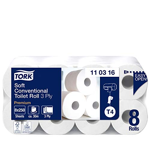 Tork 110316 Premium Rotoli Carta Igienica Tradizionale Soft, 3 Veli, Compatibile con Sistema T4, 1 X 8 Rotoli a Confezione (Cad 8 X 250 Strappi), Bianca