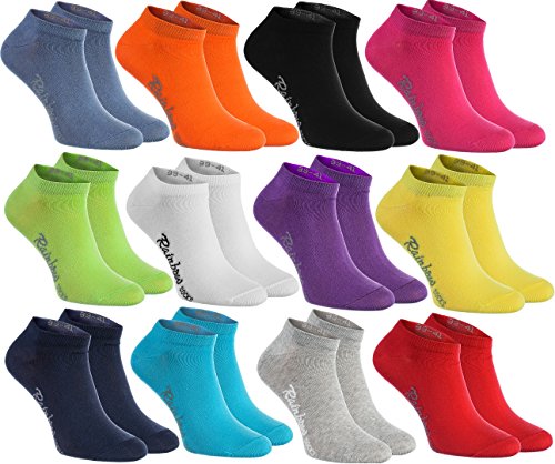 Rainbow Socks - Donna Uomo Colorate Calzini Corti di Cotone - 12 Paia - Nero Bianco Grigio Porpora Blu Marina Jeans Blu Arancione Rosso Giallo Verde Fucsia Merda - Taglia 44-46