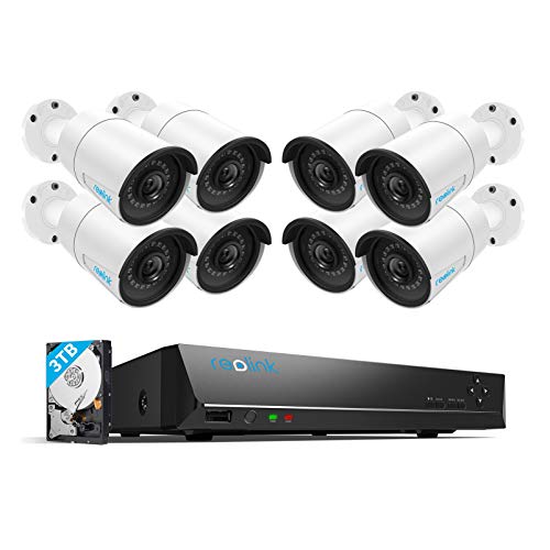 Reolink 5MP kit Videocamera Sorveglianza, 16CH 5 Megapixels PoE NVR con 8x1920P HD PoE Videocamere Bullet IP da Esterno Impermeabile, HDD da 3TB CCTV Sistema di Sorveglianza, RLK16-410B8-5MP