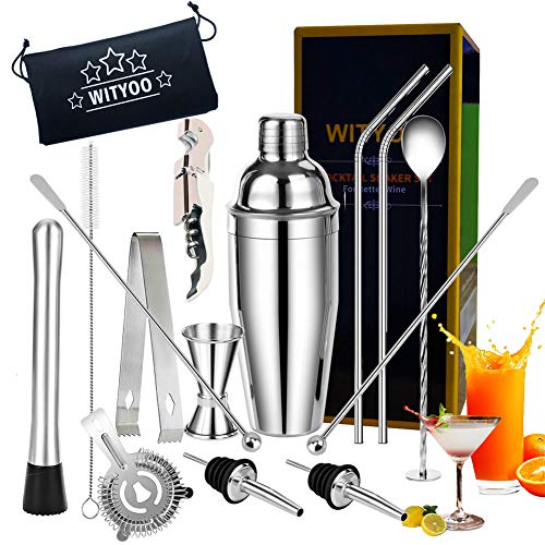 Set Cocktail – shaker Martini da 24 oz con set di accessori da bar – 15 Pezzi Cocktail Set Professionale in Acciaio Inox – Il Miglior Regalo per Principianti in Casa & Bar Barista Kit (Argento1)