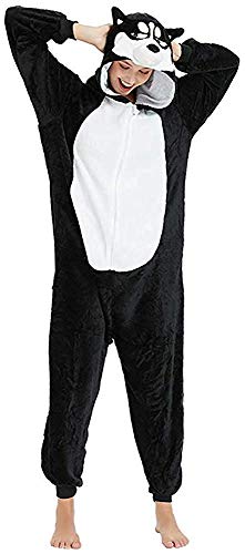 Pigiama Animale Cosplay Tutina Costume Pigiamone e Camicie da Notte Donna per Carnevale Easter (Husky Nero, S)