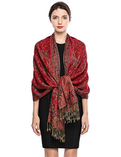 EASE LEAP Sciarpa Pashmina per donna scialle avvolgente caldo di lusso con sensazione di seta Hijab Paisley in colori ricchi con frange 200 * 70cm/(1-Rosso)