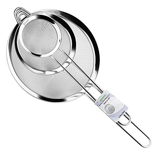 ipow set di 3 Pezzi Setaccio a maglia fine Colino / Filtro / Scolapasta in acciaio inox con maniglia da cucina per pasta / riso / verdura, 7 cm, 12 cm e 18 cm