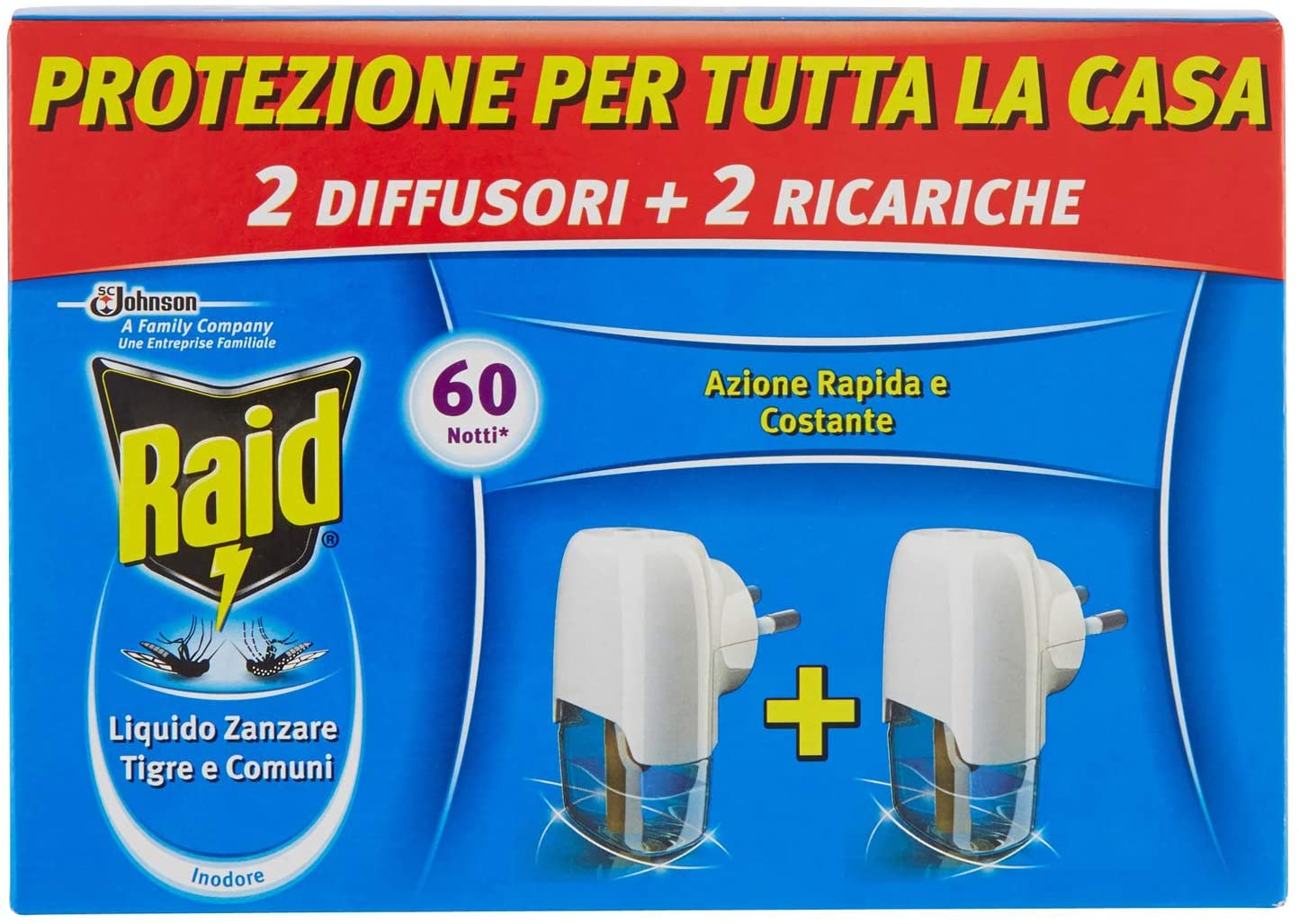 Raid Liquido Elettrico Antizanzare Tigre e Comuni Pacco Promo, Contiene 2 Diffusori e 2 Ricariche, 60 Notti, Inodore