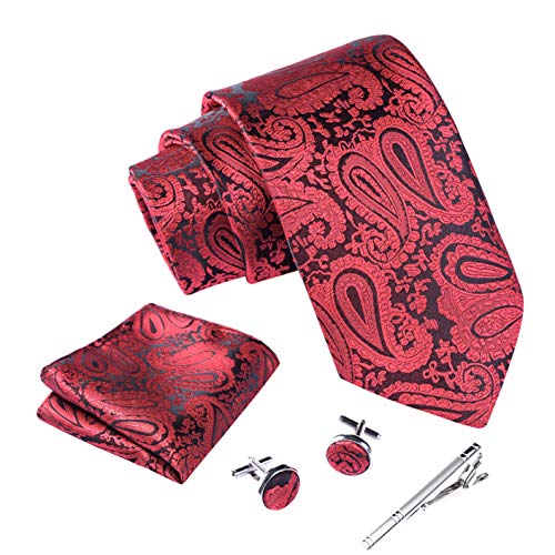 Massi Morino ® Cravatta uomo + Gemelli + Fazzoletto (Set cravatta uomo) regalo uomo con confezione regalo (Paisley rosso)