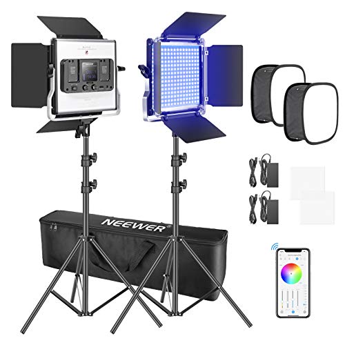 Neewer 2pz Luce 480 LED RGB Controllabile via APP, Kit d’Illuminazione con Stativo & Softbox, 480 Bulbi LED SMD CRI95 3200-5600K Luminosità 0-100% Colore Regolabile 0-360 & 9 Effetti di Scene
