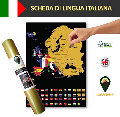 Global Walkabout ITALIANO - Mappa gratta e vinci con sfondo Bandiere - Manifesto Della Mappa EUROPA Deluxe - Paesi E Fatti - Regalo Di Viaggio (Nero)