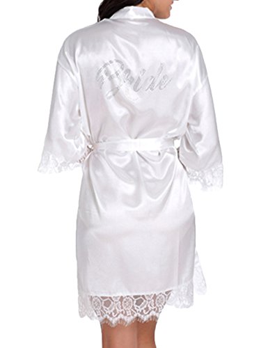 WPFING Vestaglia da Sposa Camicia da Notte in Pizzo Festa della Sposa in Satin Vestaglia Donna Bianco (Medium)