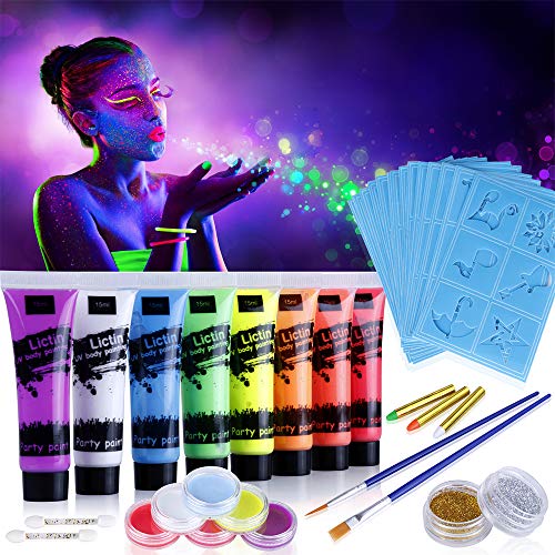 Lictin Vernice Fluorescente Colorato,Neon Kit per Pelle Viso Corpo,Fluo Party UV Body Painting,8 Vernice Fluorescente,6 Truccabimbi,4 Pennelli,3 Pastelli Colorati,2 Glitter,20 Stampini