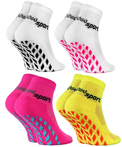Rainbow Socks - Ragazza Ragazzo Neon Calze Sportive Antiscivolo - 4 paia - Bianco Bianco Giallo Rosa - Taglia 30-35