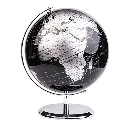Exerz 20CM Mappamondo/World Globe/Globo in Inglese - Decorazione Desktop/Educazione/Geografica/Moderna - Con Base in Metallo (20CM Nero Metallizzato)