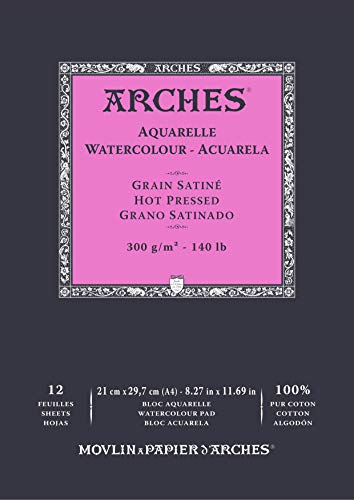 Arches - Blocco per acquarello, 12 fogli, incollato, 1 lato, grana satinata, 300 g 21 x 31 cm