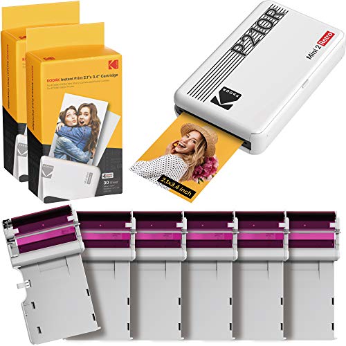 Kodak Mini 2 Stampante foto per cellulare, 6 Cartucce incluse, Istantanee formato 54x86mm, Bluetooth, Wireless, Portatile e compatibile iOS e Android - Bianca