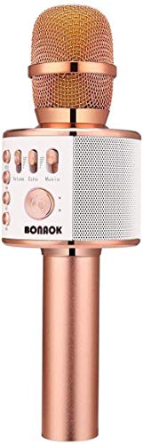 Microfono Karaoke Wreless Bluetooth BONAOK, 3-in-1 Palmare Portatile Karaoke Mic Regalo di Compleanno Altoparlante per Feste a Casa per iPhone/Android/iPad, PC Smartphone Oro rosa