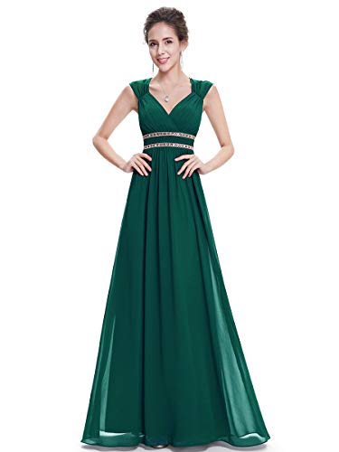 Ever-Pretty Abito da Sera Donna Linea ad A Chiffon Scollo a V Senza Maniche Stile Impero Lungo Verde Scuro 46