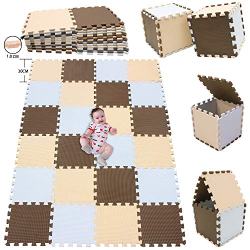 MSHEN 24 Foglio Tappeto Puzzle con Certificato CE e Certificazione in Soffice Schiuma Eva | Tappeto da Gioco per Bambini | Tappetino Puzzle...dimensione1.94 mq,bianco-marrone-beige-AFJg24