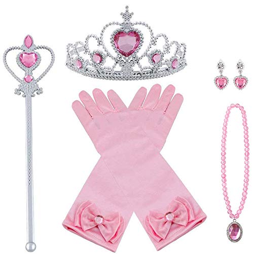 Vicloon Nuovi Costumi da Principessa 7Pcs Set Dono da Tiara, Guanti, Bacchetta Magica, Anello, orecchino, Collana da 3 a 9 Anni (Rosa)