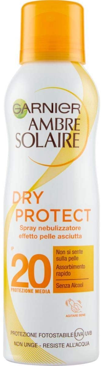 Garnier Ambre Solaire Crema Protezione Solare Dry Protect, Spray Nebulizzatore Protettivo Effetto Pelle Asciutta, IP20, 200 ml, Confezione da 1