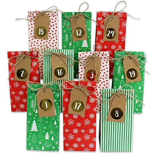 Calendario dell'avvento in carta da riempire, 24 sacchetti regalo stampati e 24 adesivi con numeri e nastro di iuta, motivo rosso verde, per fai da te e regalare, Natale 2020