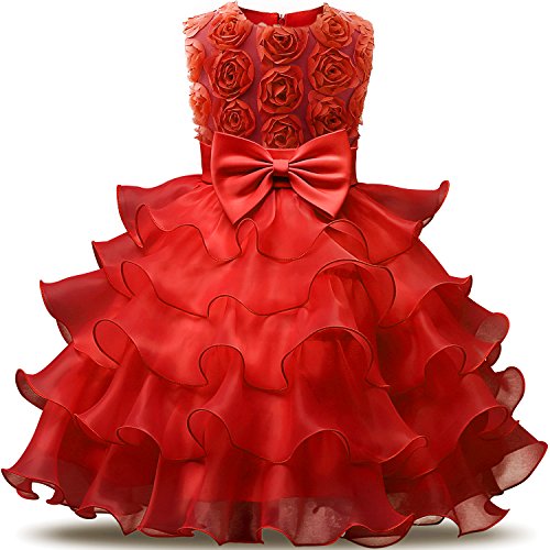 NNJXD Vestito da Ragazza Festa in Pizzo per Bambini Abiti da Sposa Taglia(120) 4-5 Anni Fiore Rosso