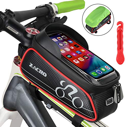 Zacro Borsa Telaio Bici, Borsa da Bicicletta Impermeabile Touch Screen Bicicletta Manubrio Anteriore Borsa Bici con Parasole Telefono Cuffie Foro per sotto 6