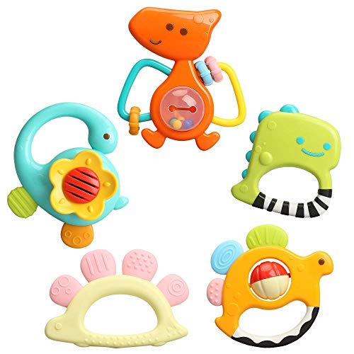 TINOTEEN Set di giocattoli per sonagli per bambini, 5 pezzi agitatore per massaggiagengia afferrare giocattolo per sonagli per 3 6 9 12 18 mesi neonati neonato