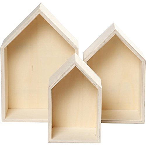 Set di 3 scatole di legno a forma di casetta, scaffale in legno, arte da parete, B-Stock.