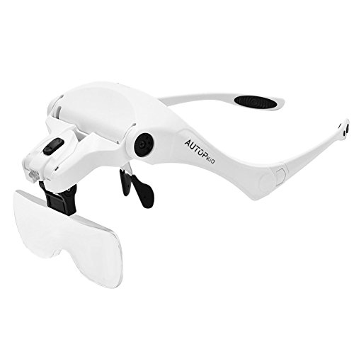 AUTOPkio lenti d'ingrandimento, regolabile mani libere auricolare Magnifier con 2 Headset LED fascia Occhiali per la riparazione, artigianato, intercambiabili 5 Lenti 1.0X, 1.5X, 2.0X, 2.5X, 3.5X
