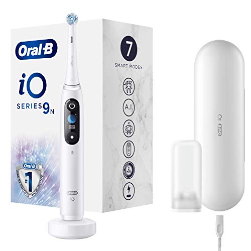 Oral-B iO - 9n Spazzolino Elettrico Ricaricabile, 1 Spazzolino Bianco con Tecnologia Magnetica, Display A Colori, 1 Testina, 1 Custodia Da Viaggio con Caricatore