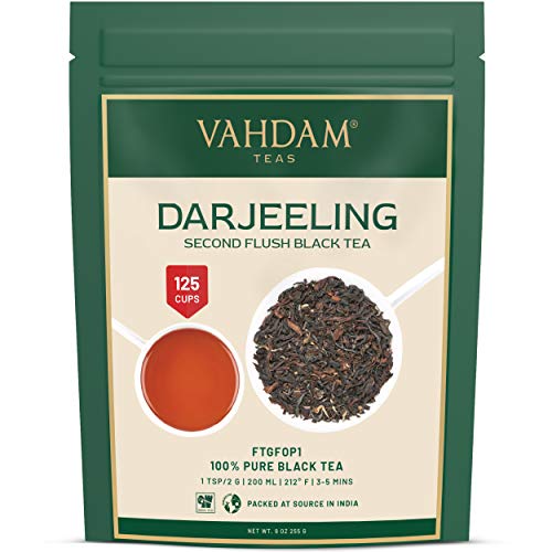 VAHDAM, foglie di tè nere Darjeeling dall'Himalaya - 255 grammi (120+ tazze), 100% puro certificato Darjeeling non miscelato, FTGFOP1 tè nero in foglia sfusa, dall'India