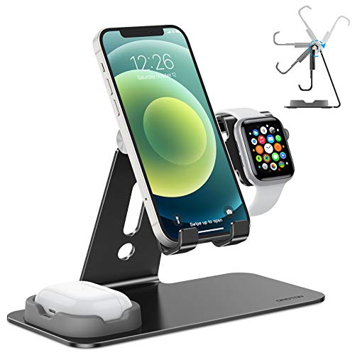 OMOTON 3 in 1 Supporto per Airpods e Apple Watch Regolabile, Stand Tavolo per Telefono, Stazione di Ricarica per Apple Watch SE/6/5/4/3/2/1, Dock per iPhone 12, SE, 11 PRO, Airpods 1,2, PRO, Nero